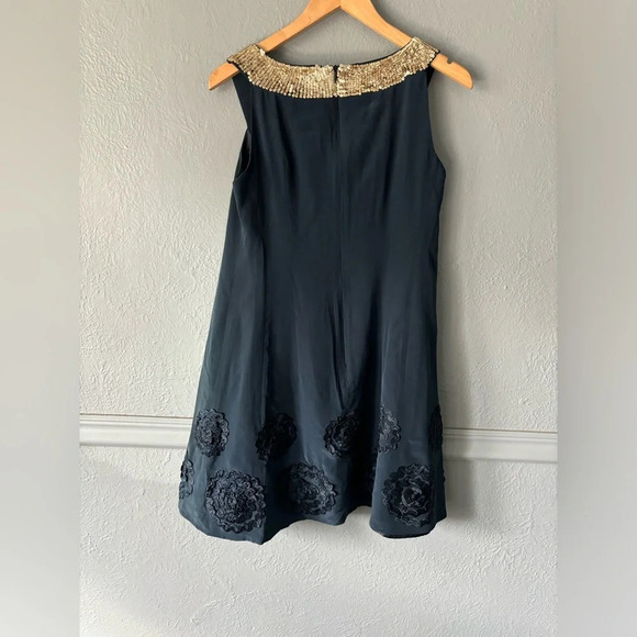 Nanette Lepore | silk | sequin | rosette | navy | gold | dress | size 4 - Picture 10 of 14